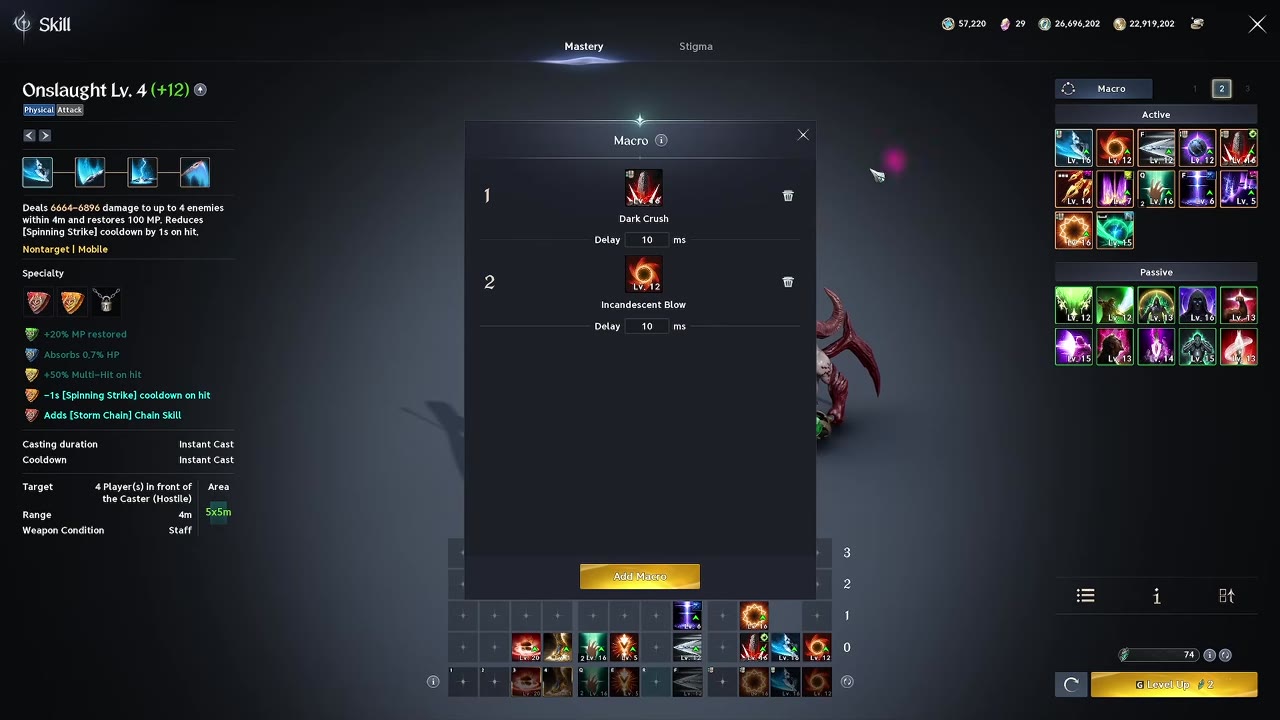 Macro window with two lines: line 1 Dark Crush (Lv. 14) and line 2 Incandescent Blow (Lv. 12), each with a 10 ms delay, over the Skill screen with the Onslaught Lv. 4 details on the left