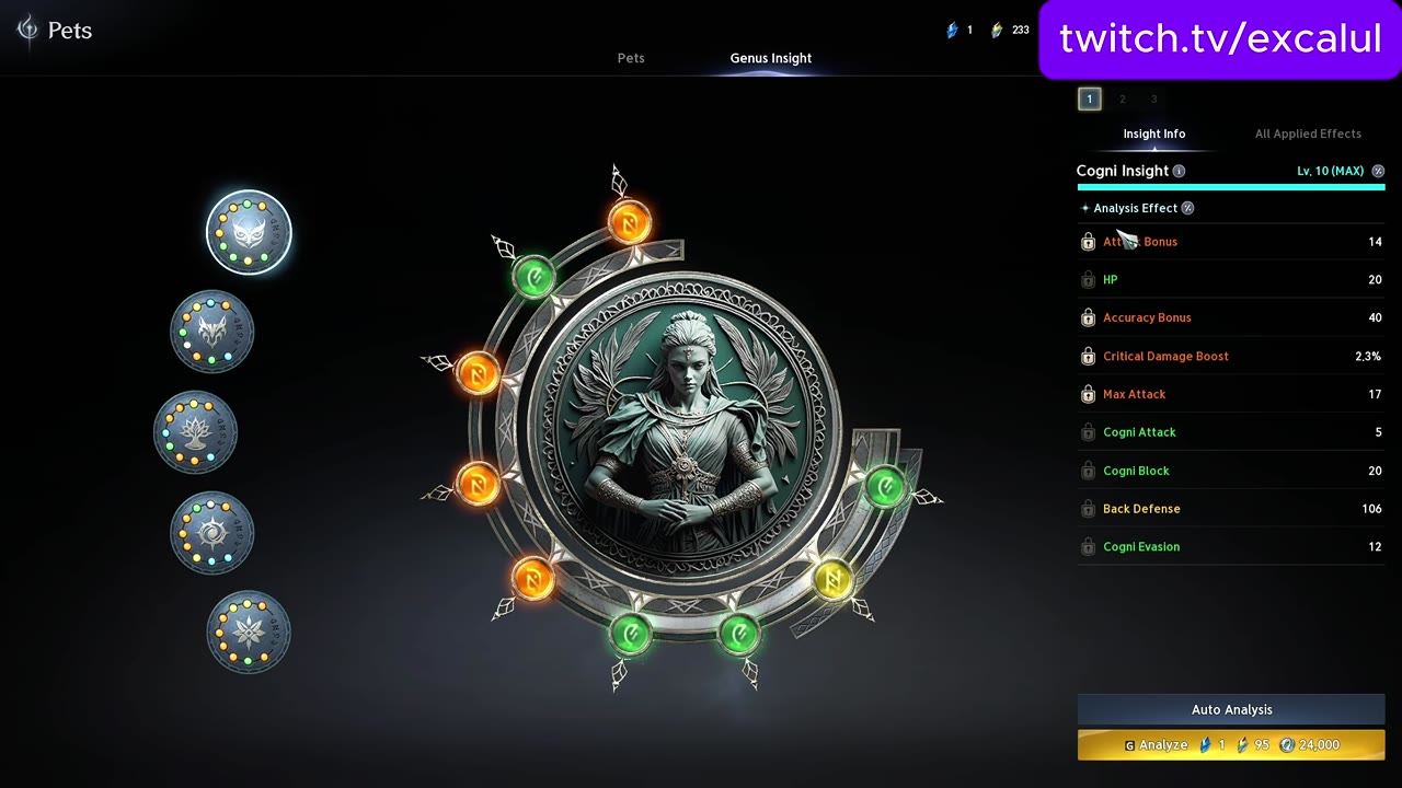 Genus Insight screen for the Cogni pet wheel at Lv. 10 (MAX), a circular wheel of nine stat slots with the stat list on the right.