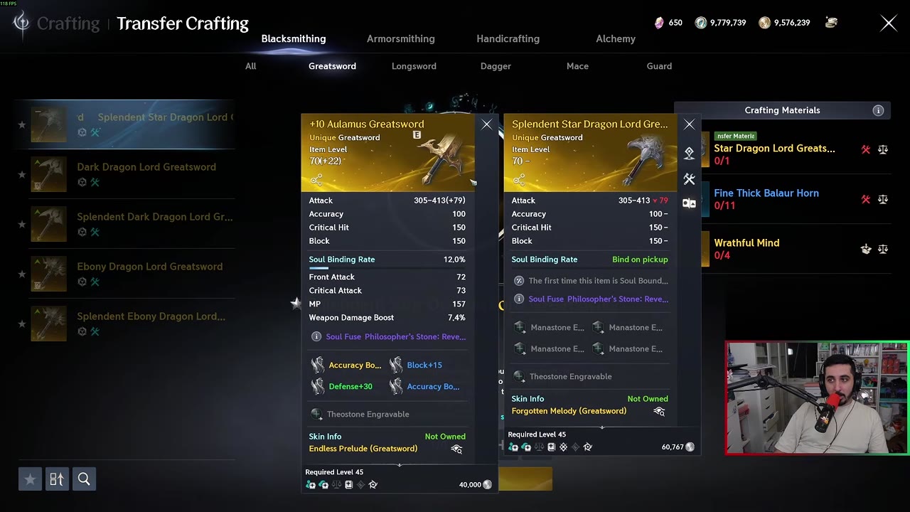 Transfer Crafting screen on the Blacksmithing Greatsword tab, listing Splendid Star Dragon Lord, Dark Dragon Lord, Splendid Dark Dragon Lord, Ebony Dragon Lord and Splendid Ebony Dragon Lord greatswords, with a +10 Aulamus Greatsword compared side by side with the Splendid Star Dragon Lord Greatsword and its required crafting materials on the right.