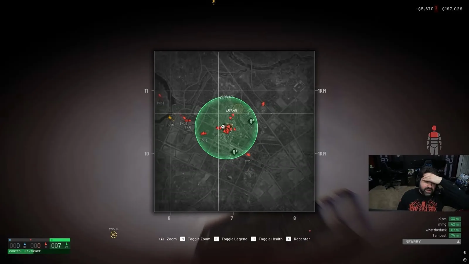 WARDOGS tactical map with the green Control Zone circle and squad markers