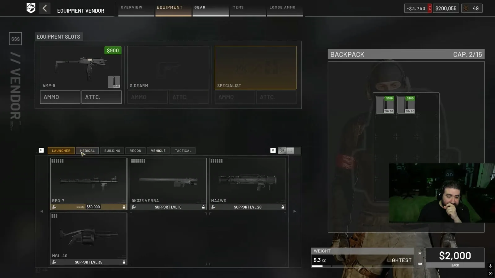 WARDOGS equipment vendor with an AMP-9 loadout priced at 2,000 dollars and launcher unlocks
