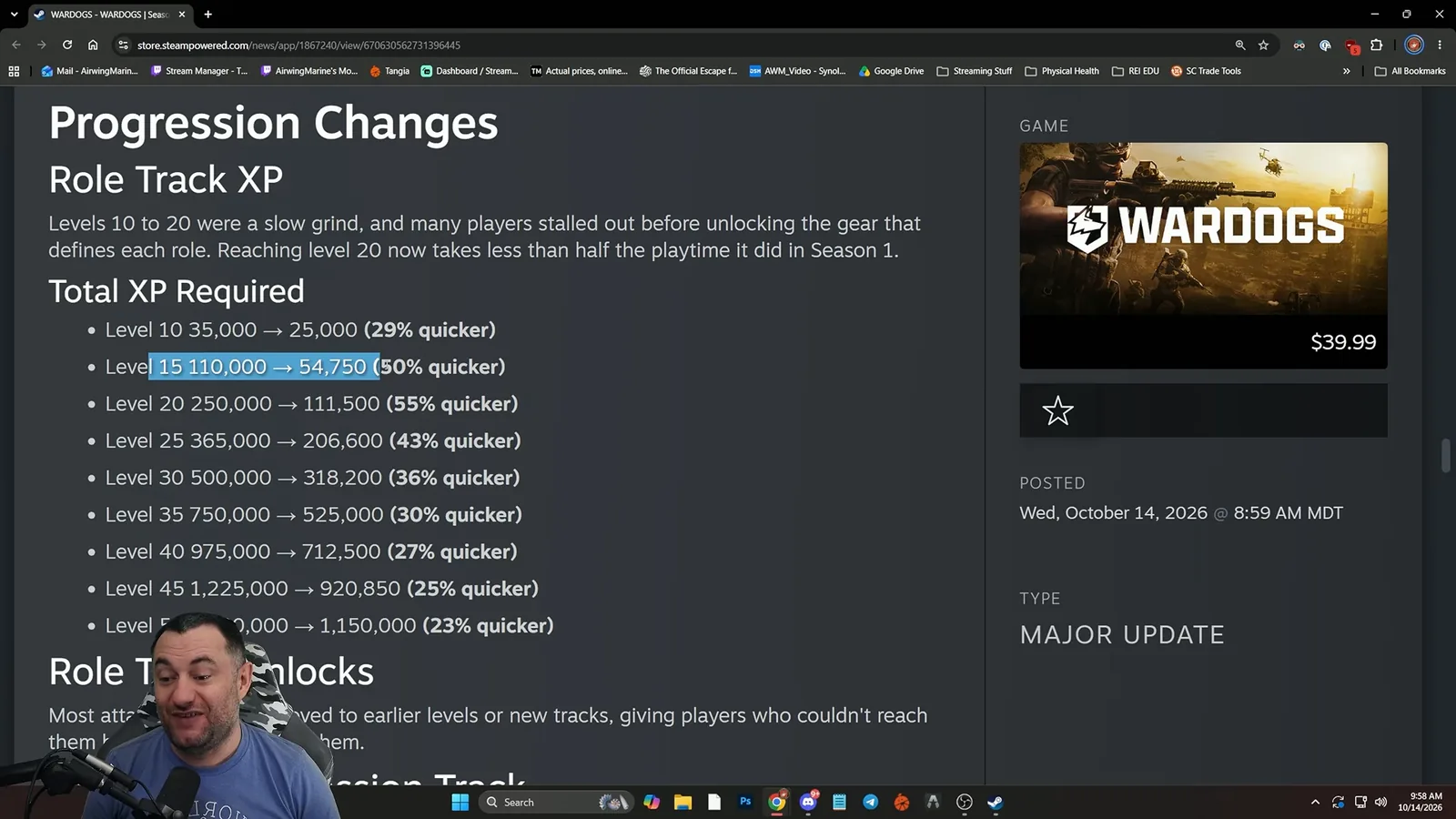 WARDOGS Season 2 patch notes table of role track XP required per level