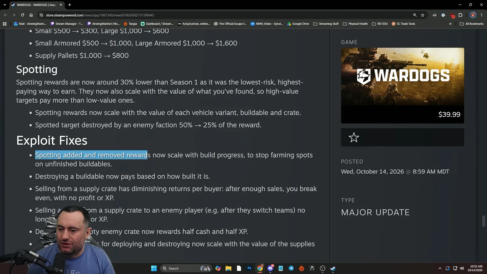 WARDOGS Season 2 patch notes showing the spotting reward cut and exploit fixes
