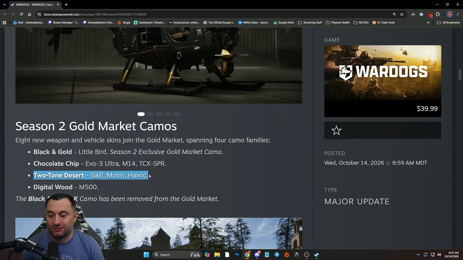 WARDOGS Season 2 patch notes listing the Gold Market camos and the removed Black and Gold AK