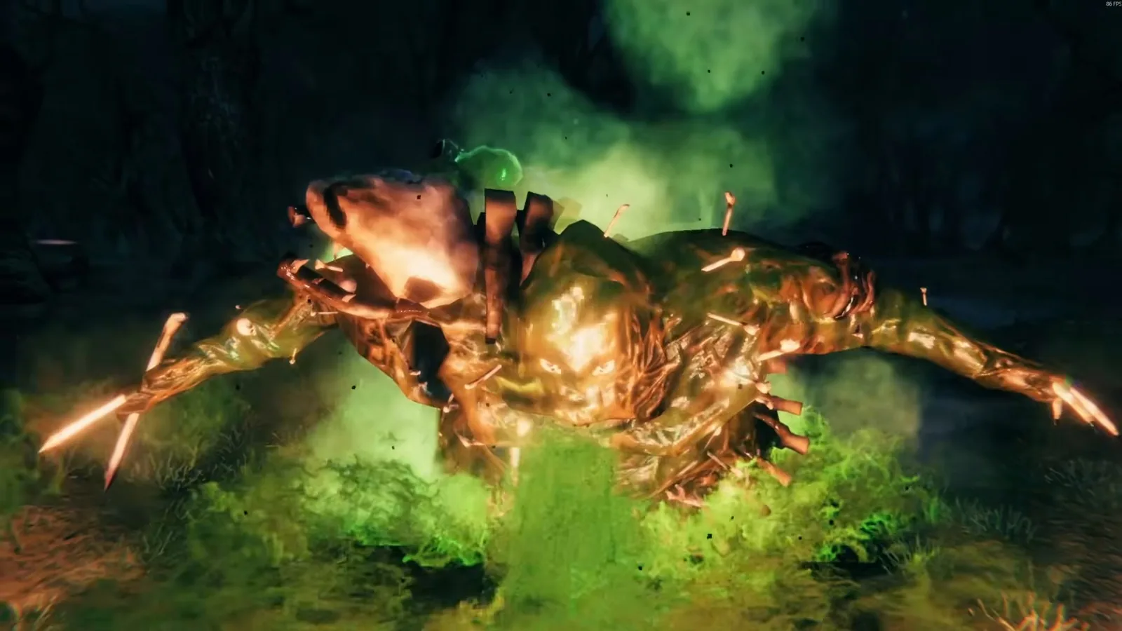 Bonemass, Valheim's third boss, rising out of a poison cloud in the Swamp
