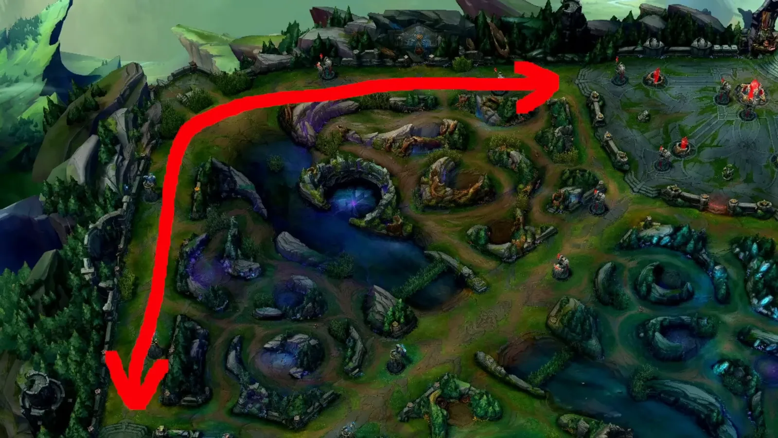 Summoner's Rift map with an arrow tracing the long top lane from the base to the enemy side