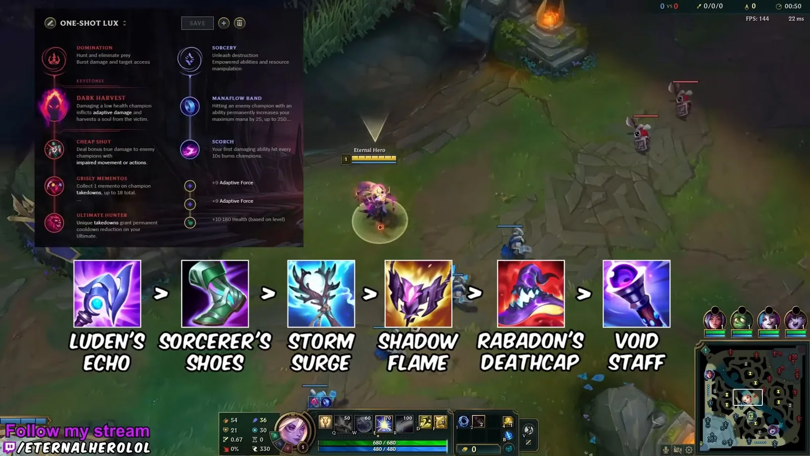 Eternal Hero's One-Shot Lux rune page with Dark Harvest and the item order from Luden's Echo to Void Staff