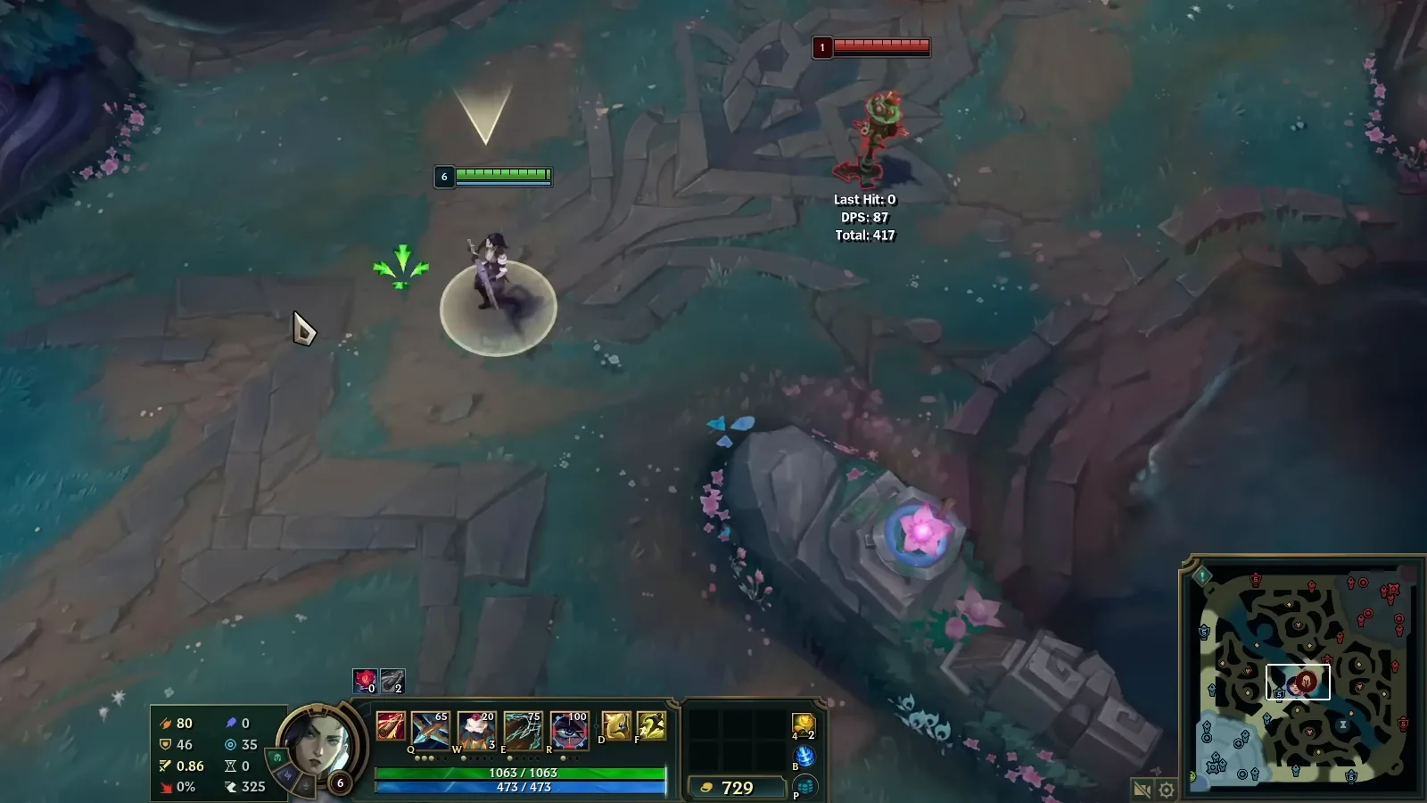 League of Legends Practice Tool view with the camera box shown on the minimap in the bottom right