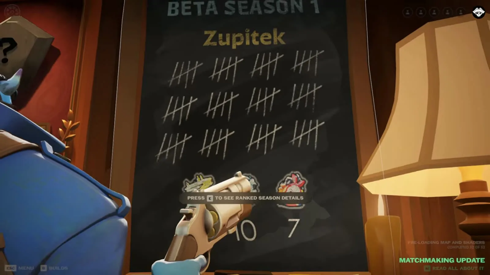 Deadlock Hideout chalkboard titled Beta Season 1 with tally marks and the prompt to see ranked season details