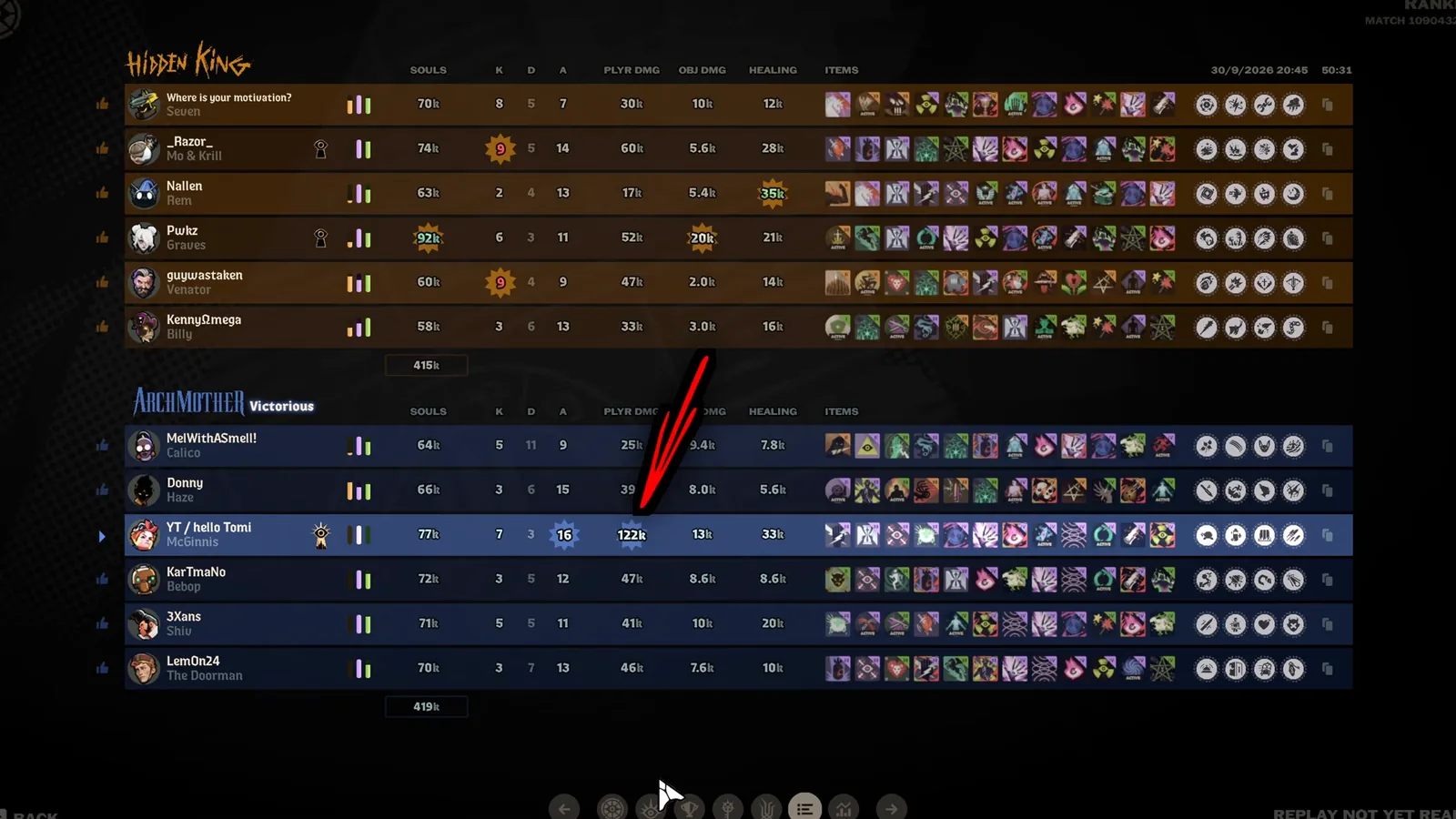 McGinnis end-of-match scoreboard with 77k souls and 122k player damage in Deadlock