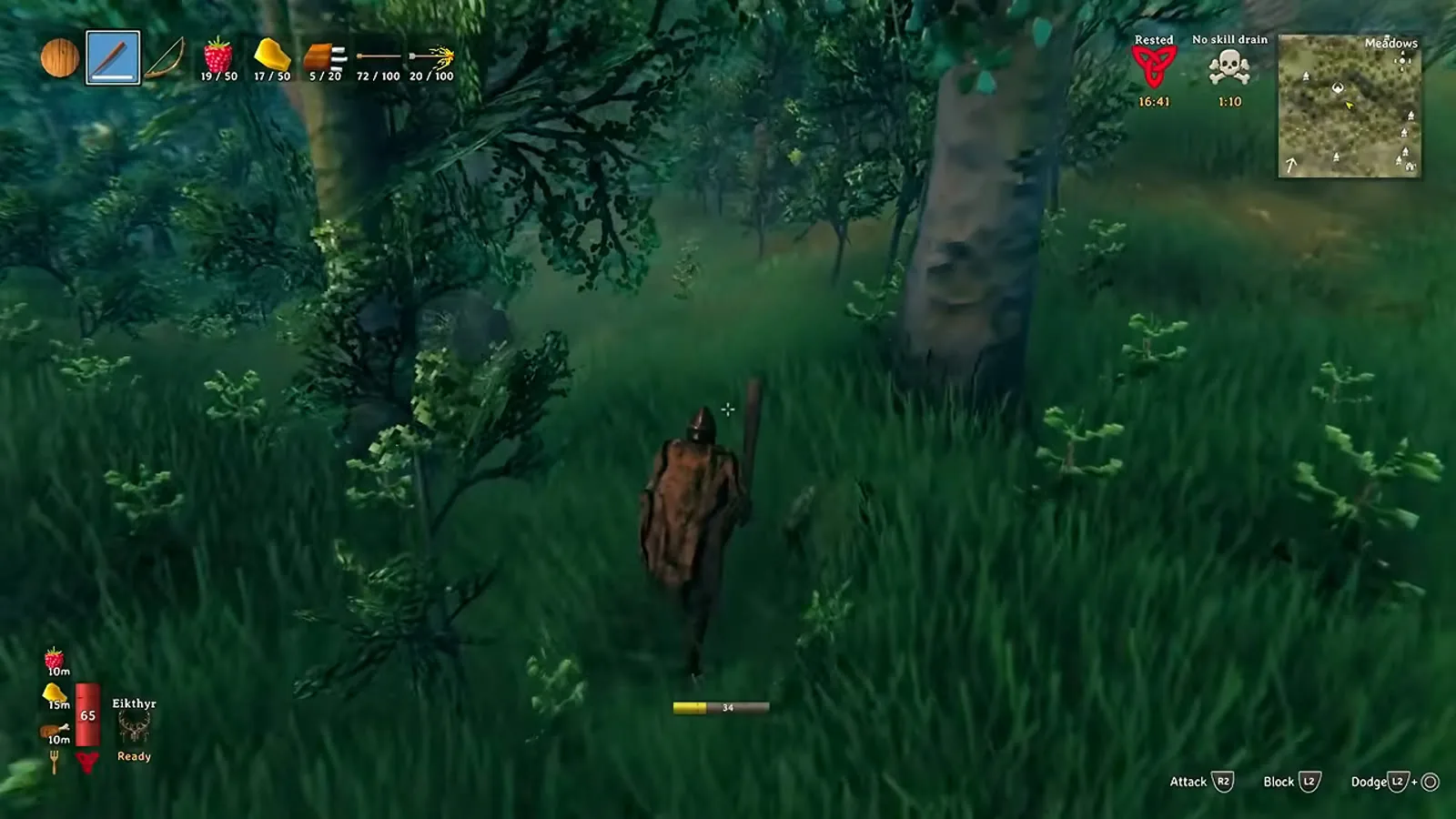 A Valheim player in the Meadows with Raspberries, Honey, Cooked meat and fire arrows on the hotbar before the Eikthyr fight