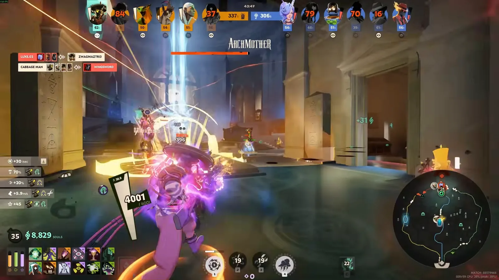 Seven channeling Storm Cloud over a late-game teamfight in Deadlock