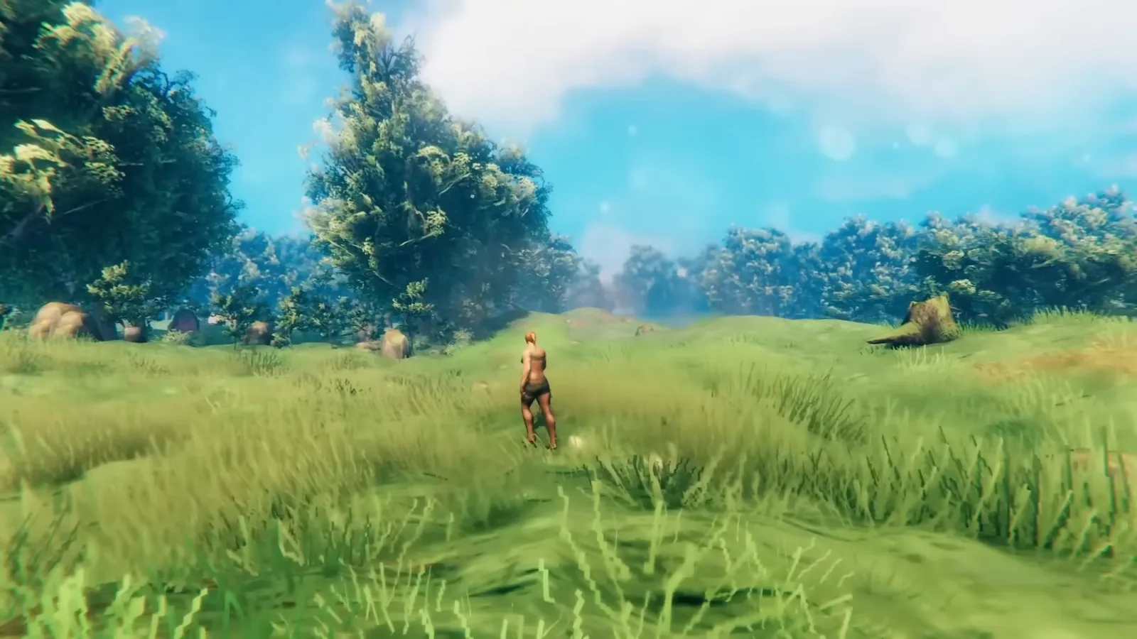A Valheim player standing in the green Meadows biome where every new world's progression starts