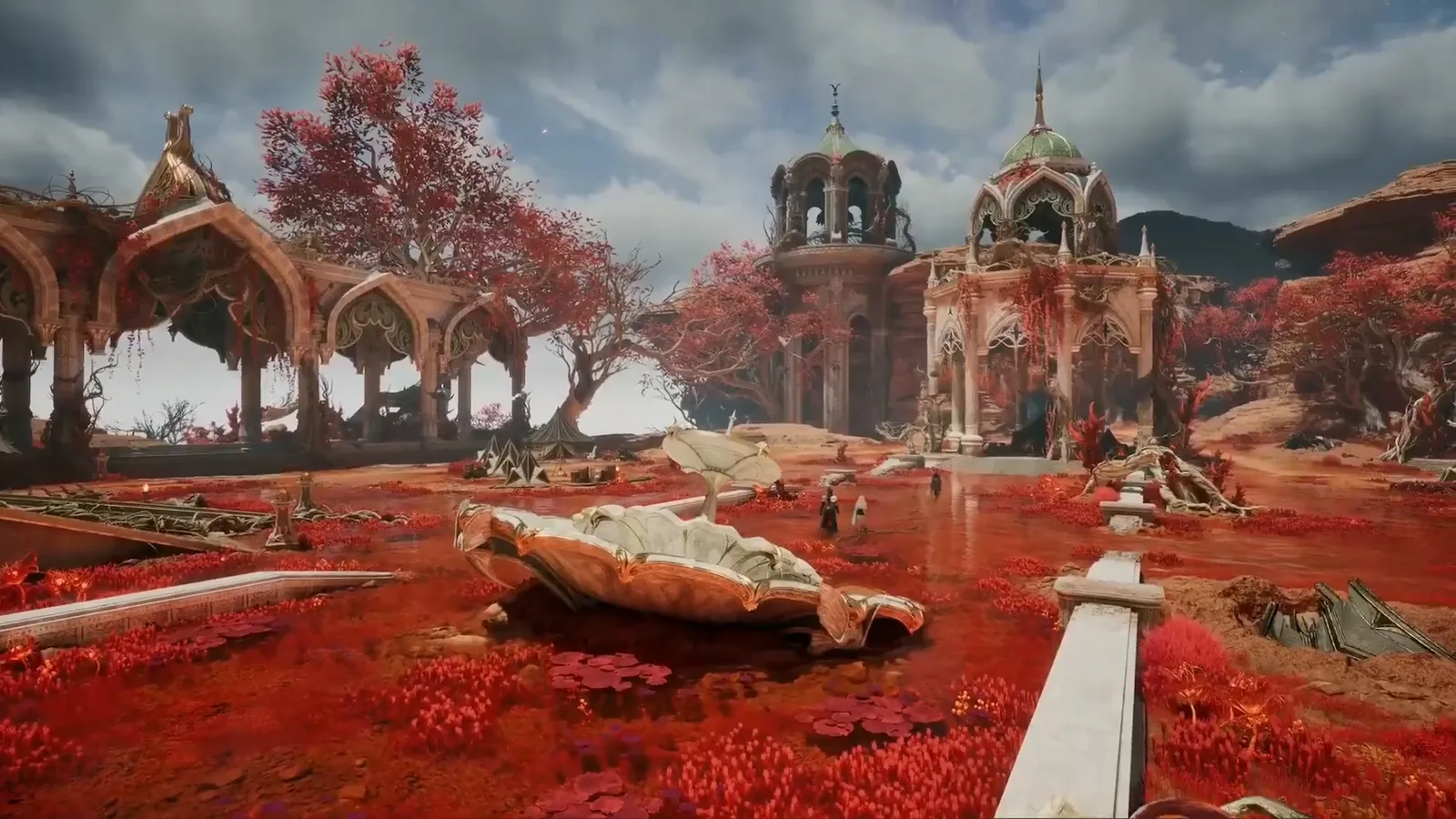 AION 2 landscape with red-leaved trees and a domed temple in Atreia