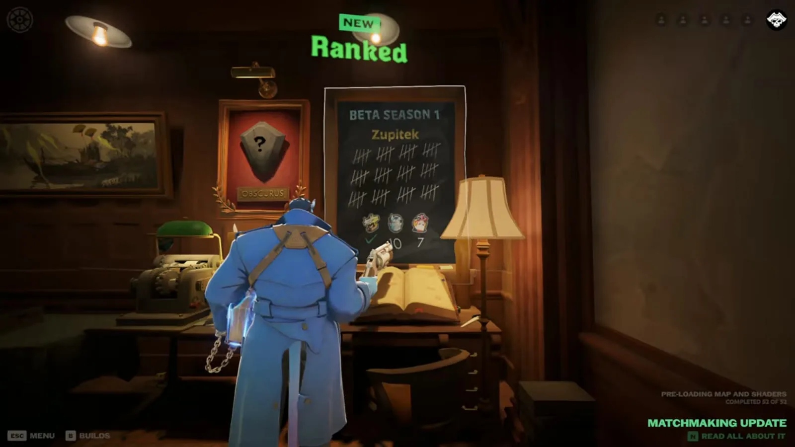 The Ranked chalkboard in the Deadlock Hideout where players check rank, placement progress and recent ranked results