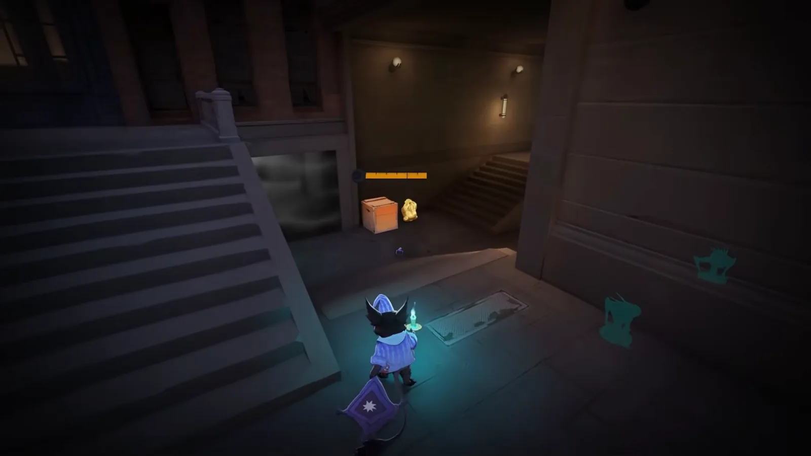 Rem sending a Lil Helper toward a breakable crate in a dark alley