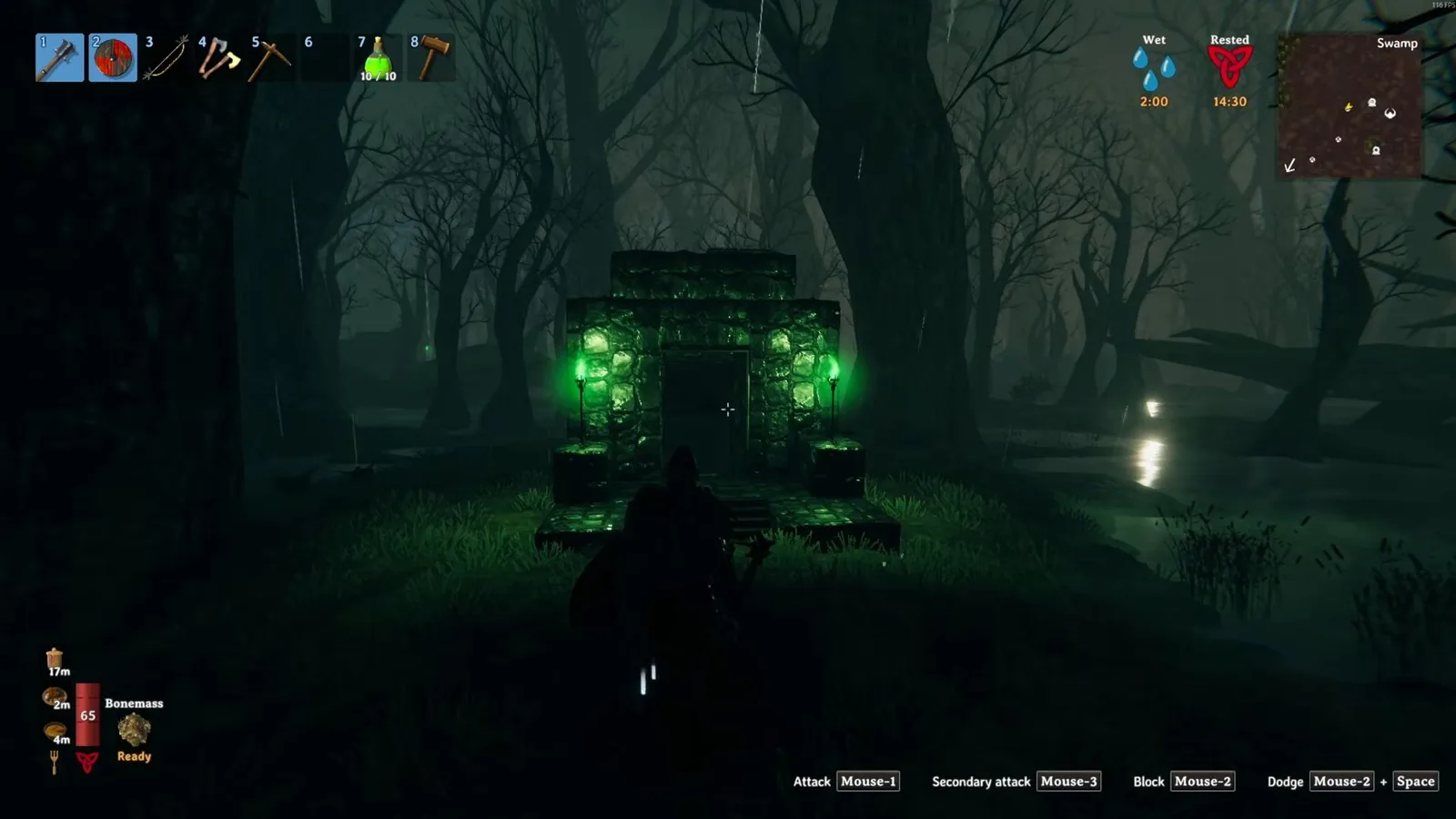 A Sunken Crypt entrance with green lights in the Valheim Swamp at night