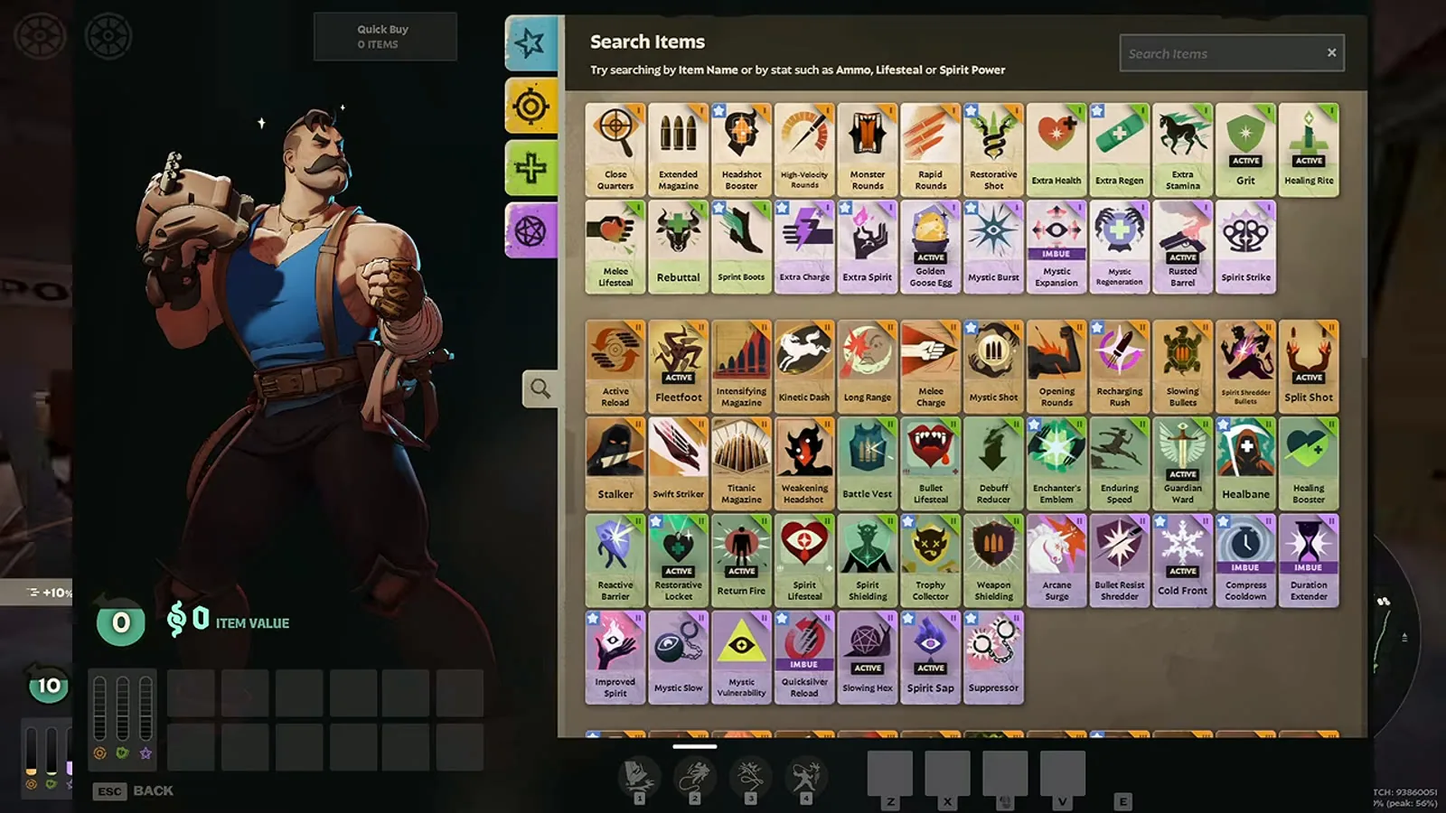 Deadlock Curiosity Shop before City Never Sleeps showing tier 1 and tier 2 weapon, vitality and spirit items and the 12 item slots