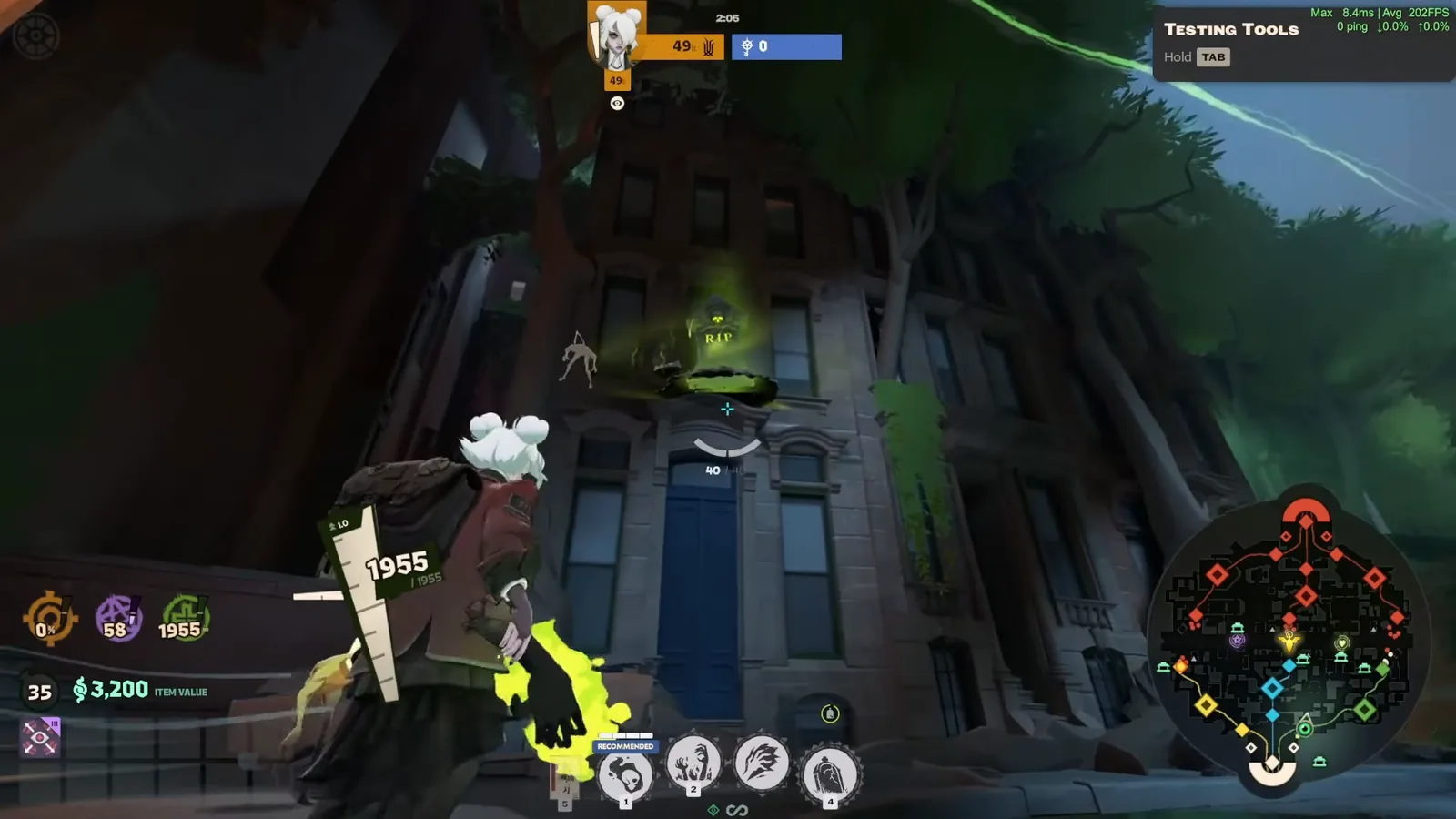 Graves aiming a Borrowed Decree gravestone at a window ledge on the new Deadlock map