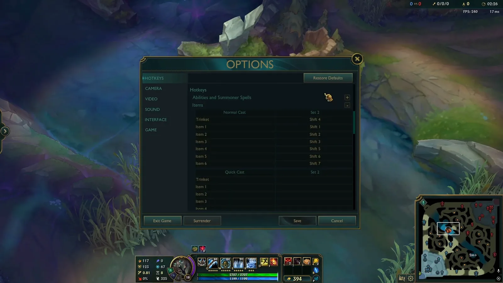 League of Legends Options Hotkeys menu with trinket and item keys under Normal Cast and Quick Cast