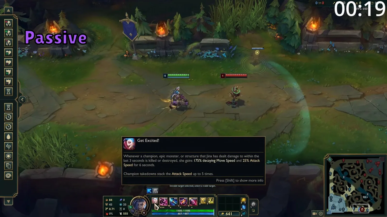 Get Excited! passive tooltip in practice tool: 175% decaying move speed and 25% attack speed per stack