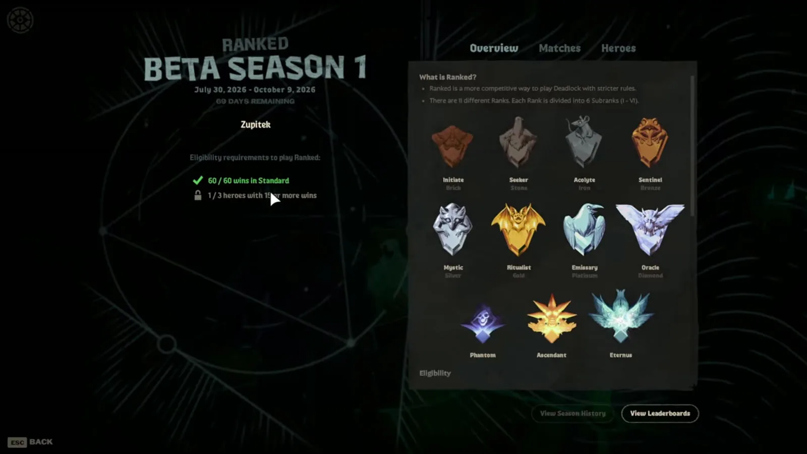 Deadlock Ranked Beta Season 1 overview showing 60 / 60 wins in Standard completed and 1 / 3 heroes with 15 or more wins still locked