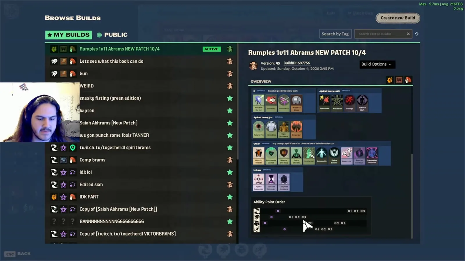 Rumple's Abrams build 697756 in the Deadlock build browser with its ability point order chart