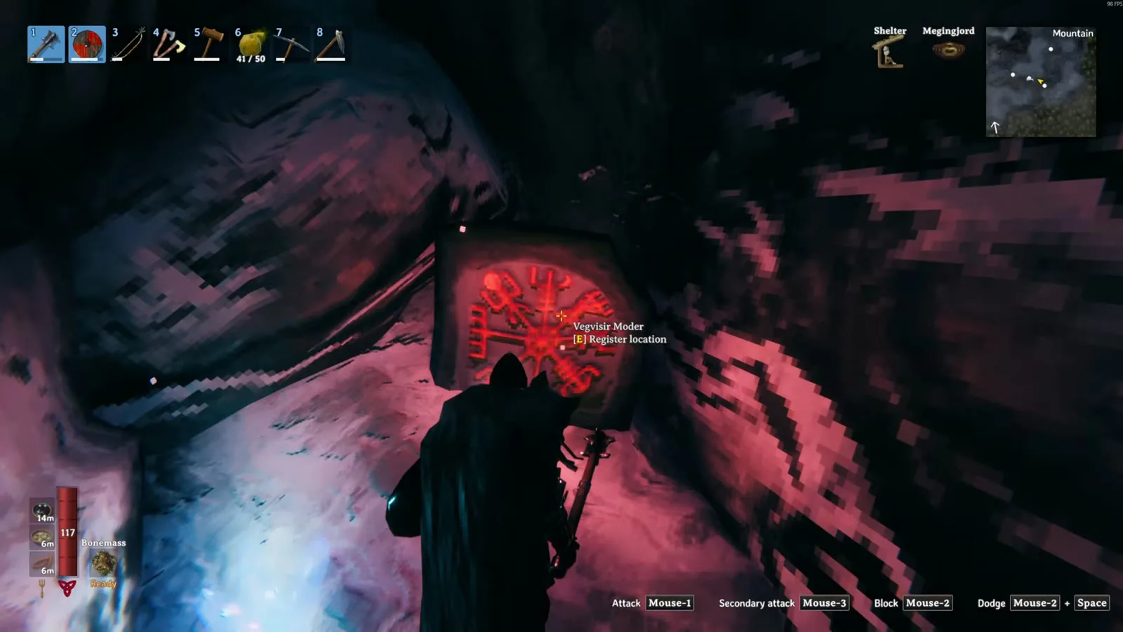 The Vegvisir inside a Valheim Frost Cave with the prompt to register Moder's altar location