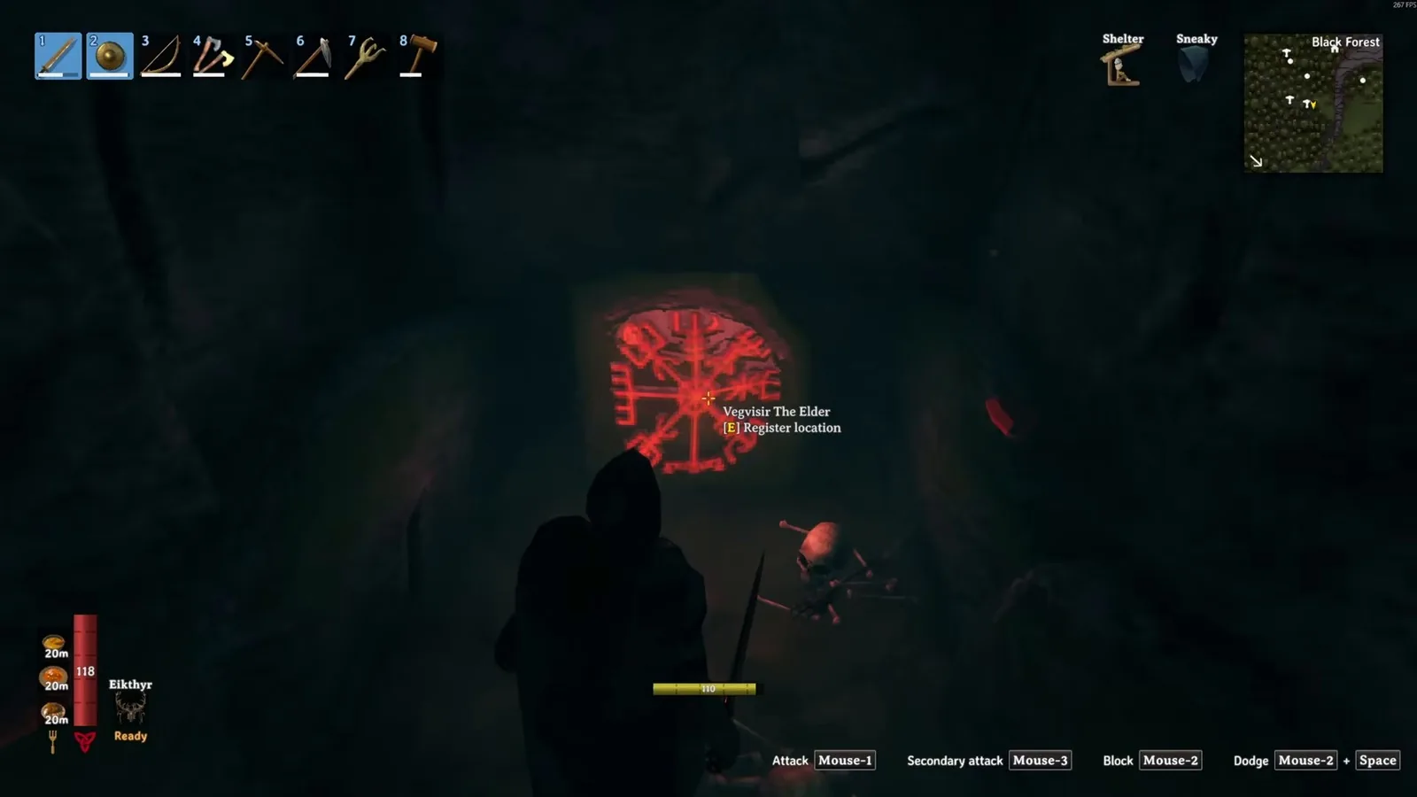 The red Vegvisir for The Elder glowing on a wall inside a Valheim Burial Chamber in the Black Forest