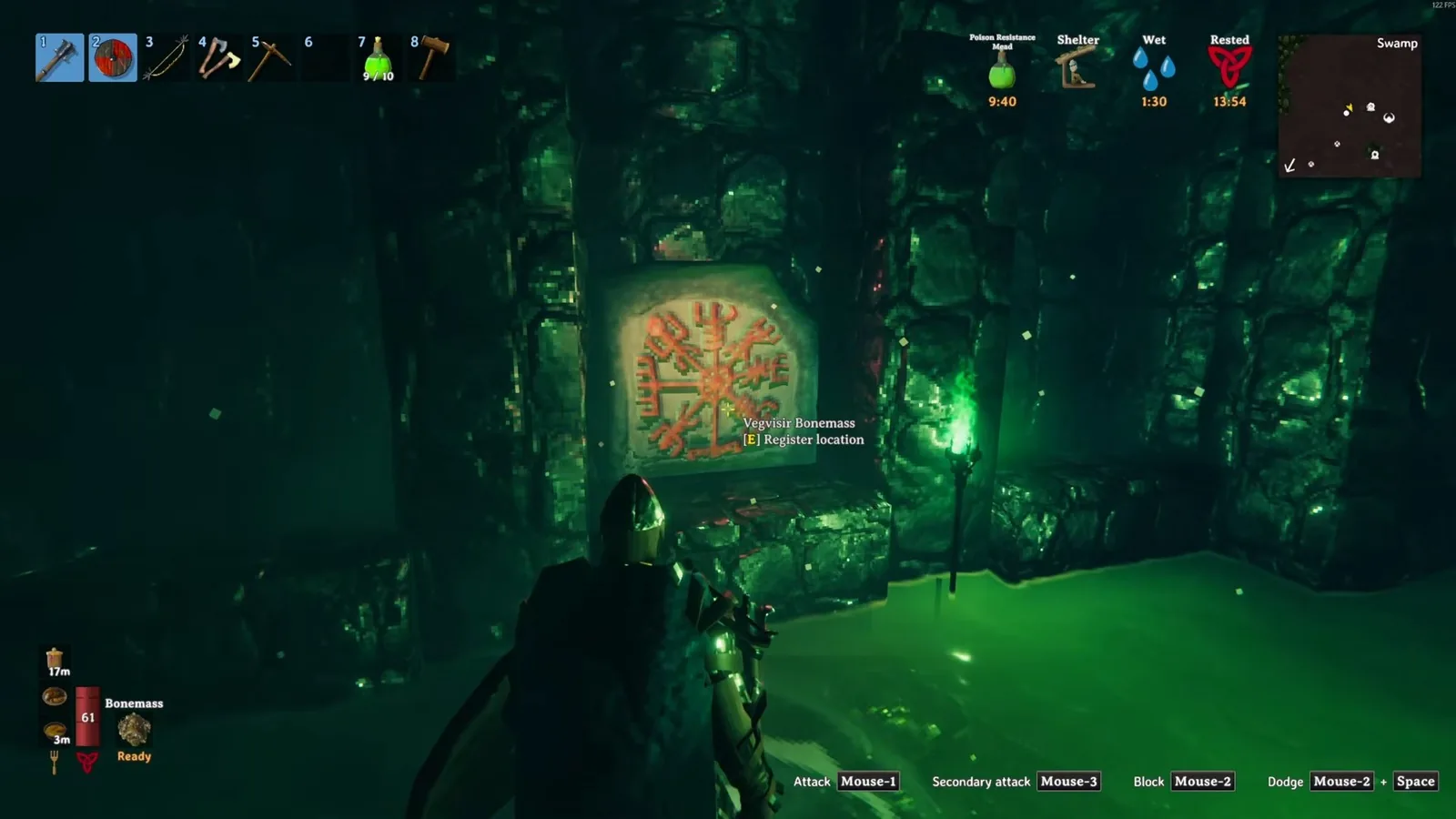 The Vegvisir inside a Sunken Crypt with the Register location prompt for Bonemass