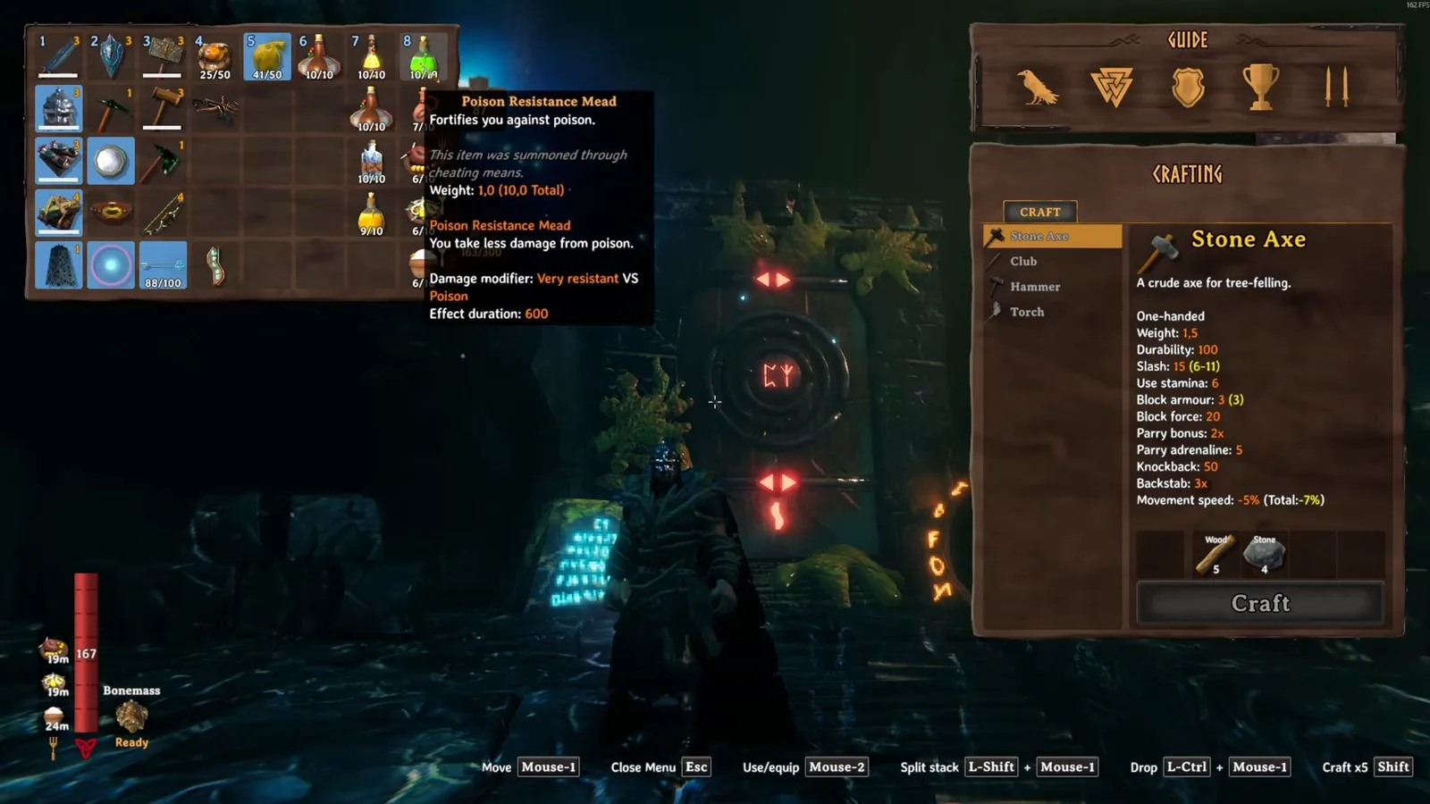 Poison resistance mead tooltip and the Queen fight hotbar with meads and bombs