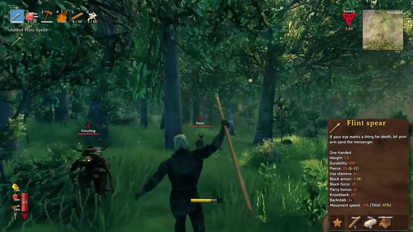 Flint spear tooltip while a player hunts in the Valheim Meadows