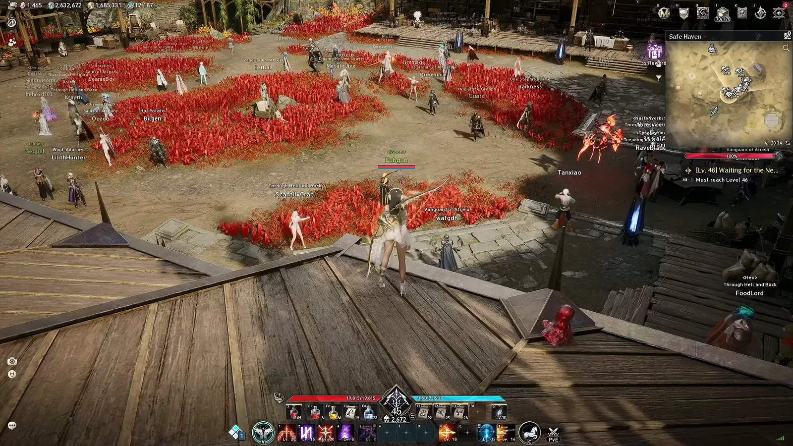 AION 2 level 45 Ranger at 2,672 item level in Safe Haven with skill levels shown on the hotbar
