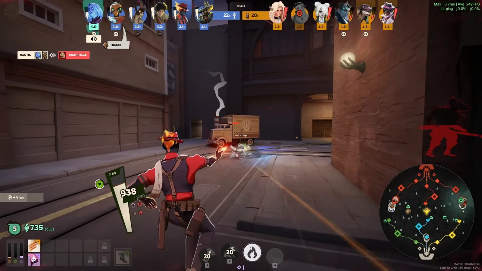 Infernus trading shots with an enemy hero in an early lane alley at level 5