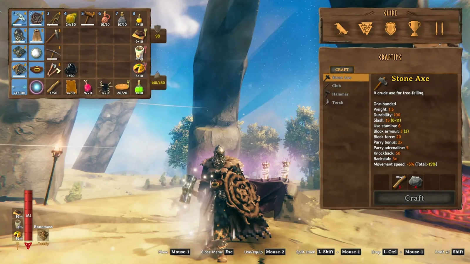Valheim inventory with Frostner, Shield of Roots, Draugr Fang, healing meads and Plains food before the Yagluth fight