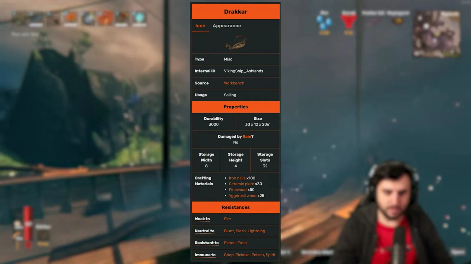 Valheim Drakkar boat info panel showing its crafting materials and durability