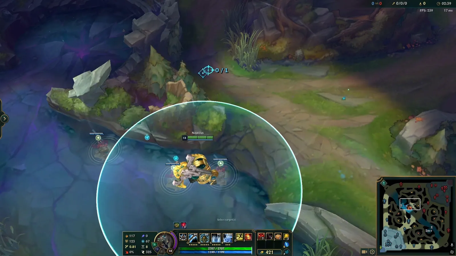 Ward placement range indicator around Nautilus at the edge of a river brush