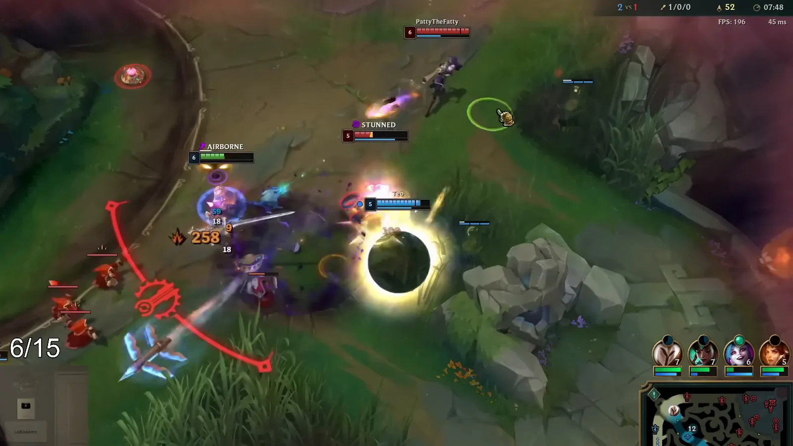 Viego's Spectral Maw stunning an enemy during a river skirmish at 7:48