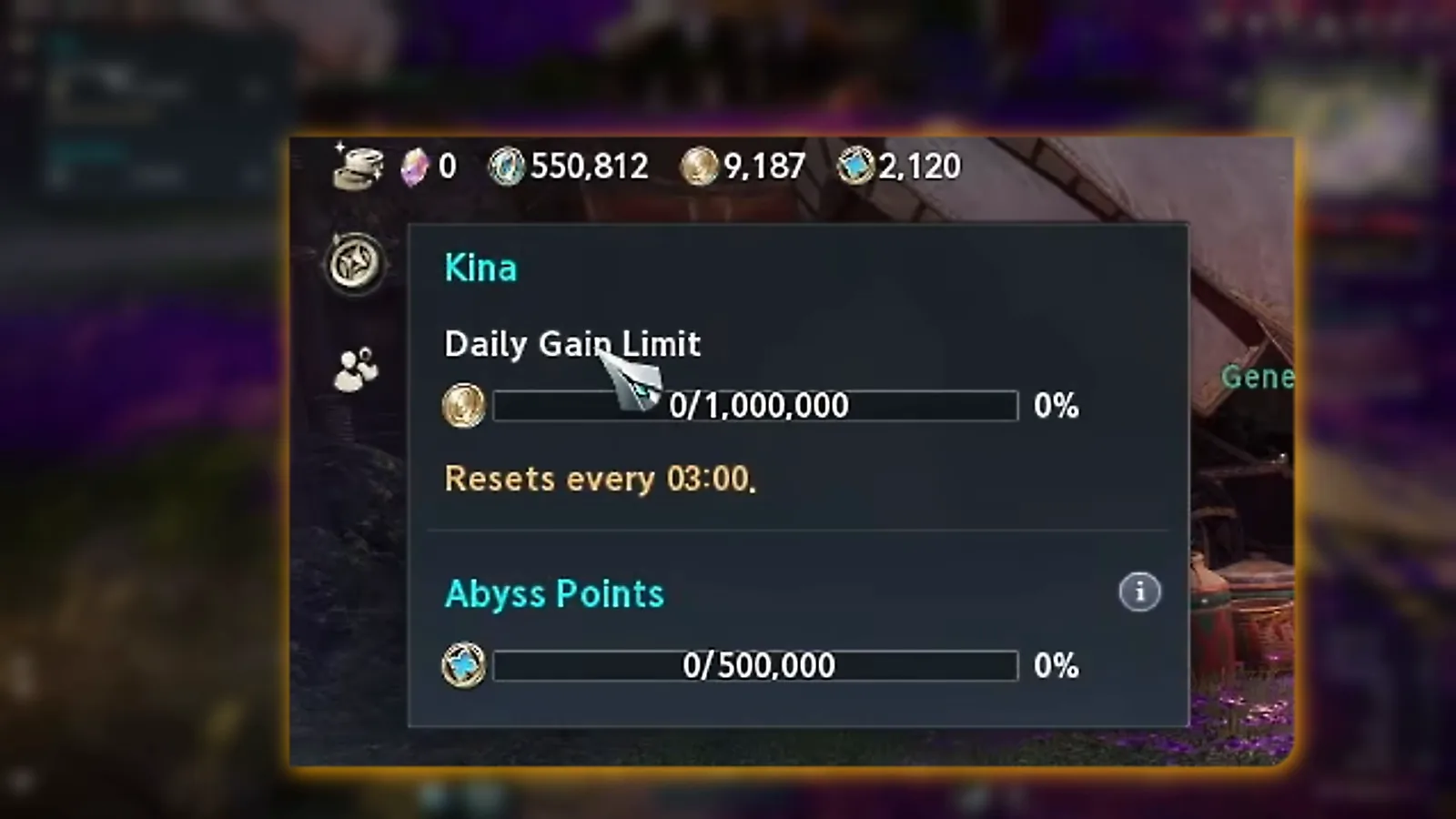 AION 2 currency panel showing the Kina daily gain limit of 1,000,000 and Abyss Points limit