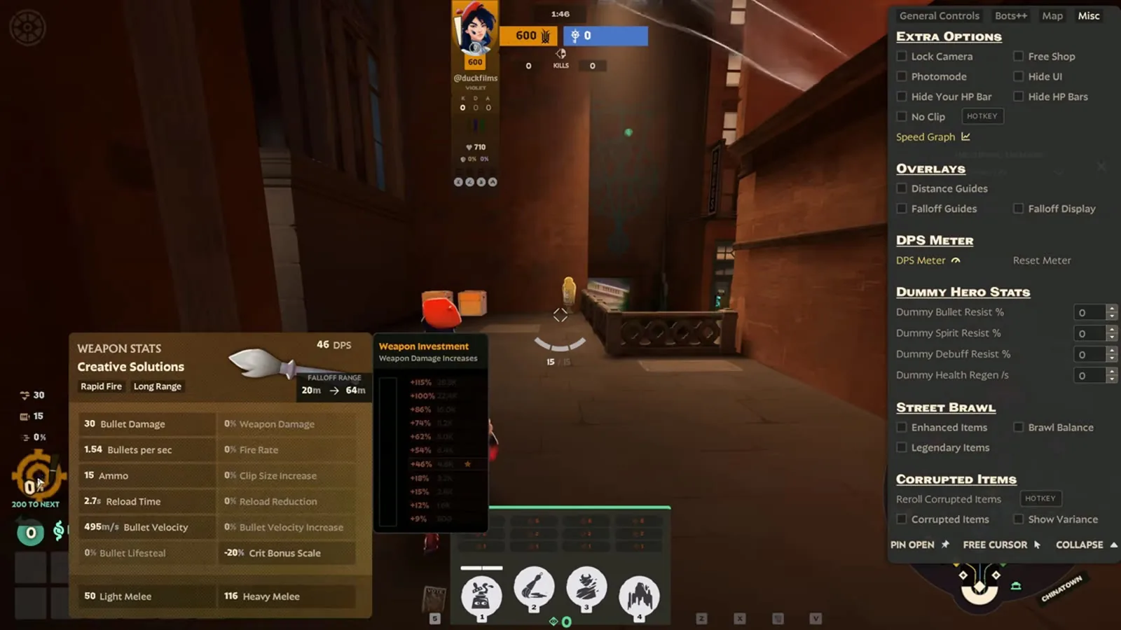 Violet's Creative Solutions weapon stats panel in Deadlock showing 30 bullet damage, 1.54 bullets per second and -20% crit bonus scale