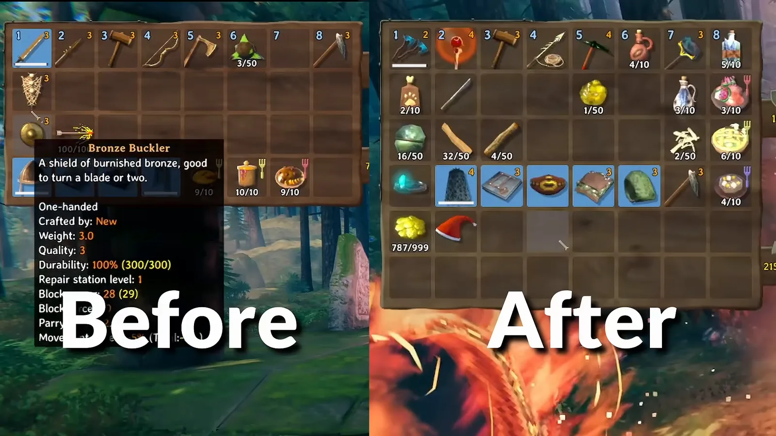 Valheim inventory before and after the 1.0 pocket upgrades, with two extra rows