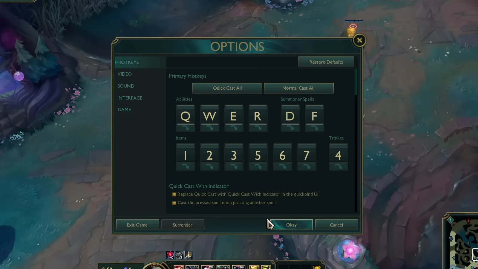 League of Legends Options Hotkeys tab with the quickbind row for QWER, D F, item keys 1 2 3 5 6 7 and trinket 4