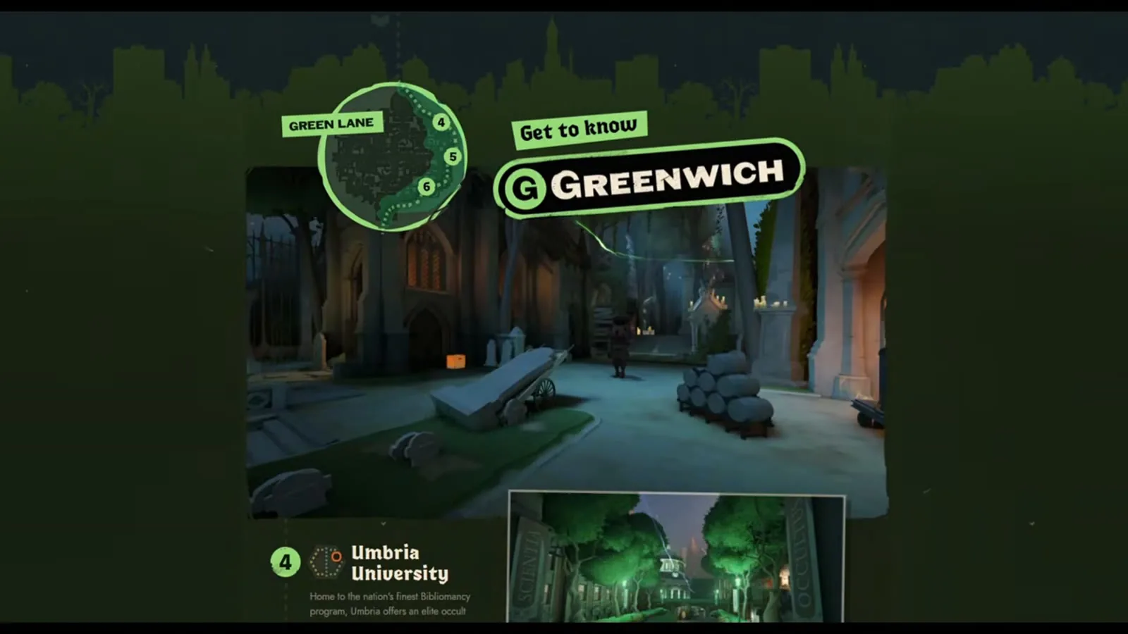 Greenwich lane card from the City Never Sleeps patch page showing Umbria University