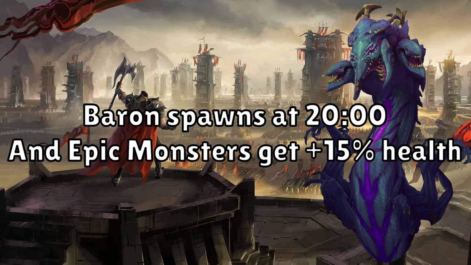 Video slide claiming Baron spawns at 20:00 and epic monsters get 15% more health