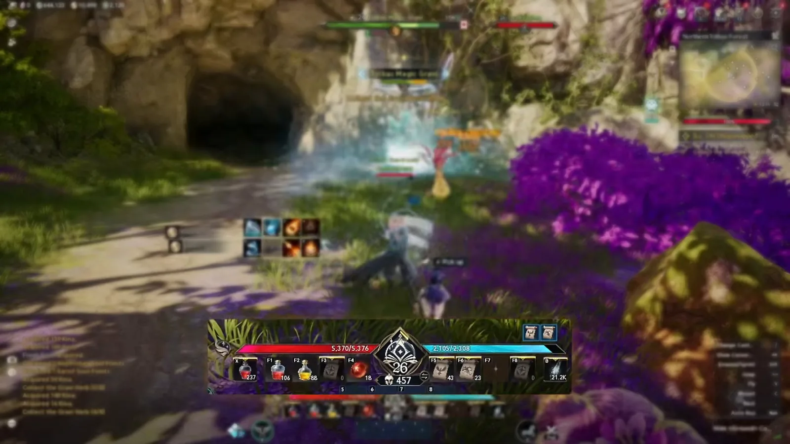 AION 2 hotbar with the X auto-potion slot and F1-F8 consumables marked for auto-use