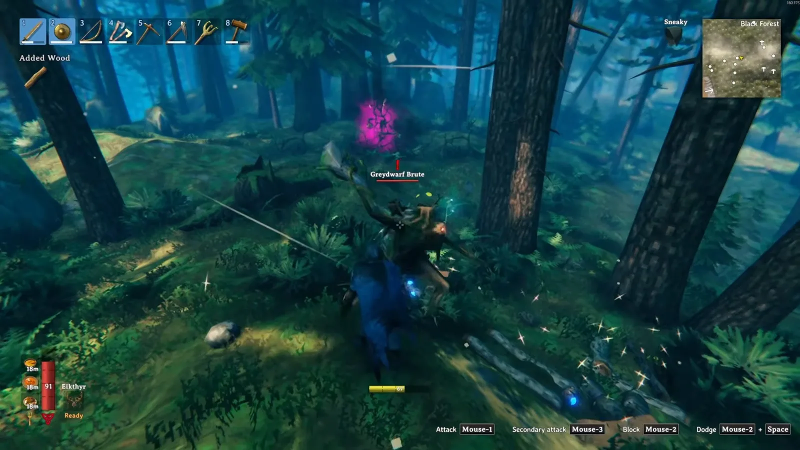 Fighting a Greydwarf Brute next to a glowing Greydwarf nest in the Black Forest to farm Ancient seeds