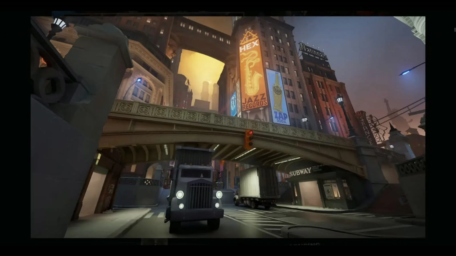 Times Square on Deadlock's Broadway lane, with the elevated bridge and billboards above the Midboss area
