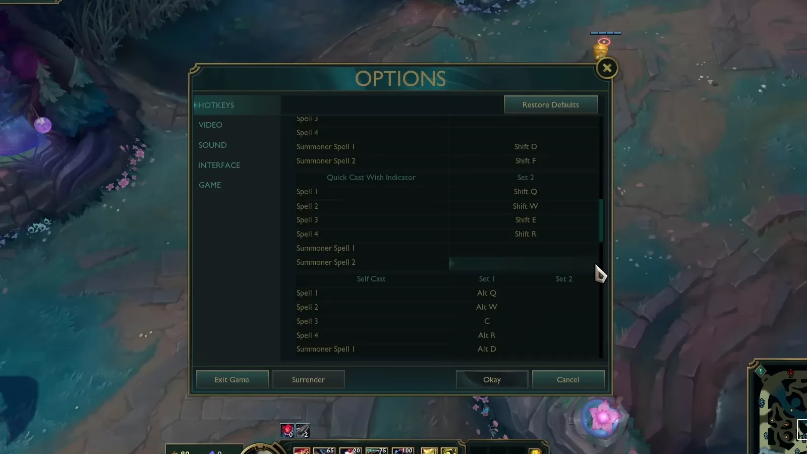 LoL Hotkeys list with Quick Cast With Indicator bound to Shift Q W E R and self cast keys below