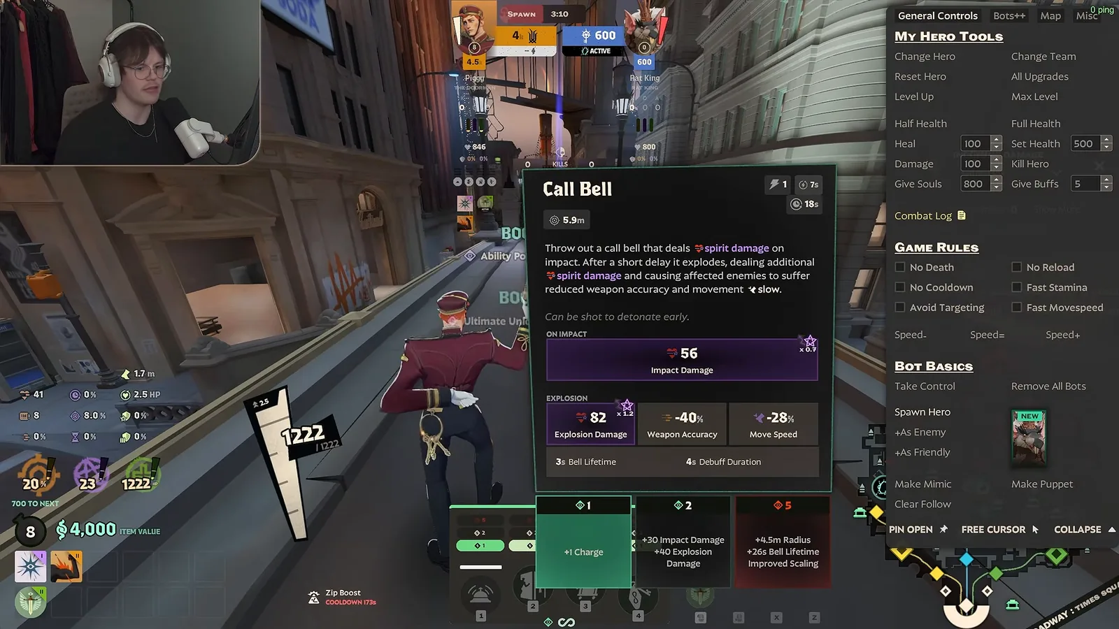 Doorman Call Bell tooltip with impact and explosion damage in Deadlock practice