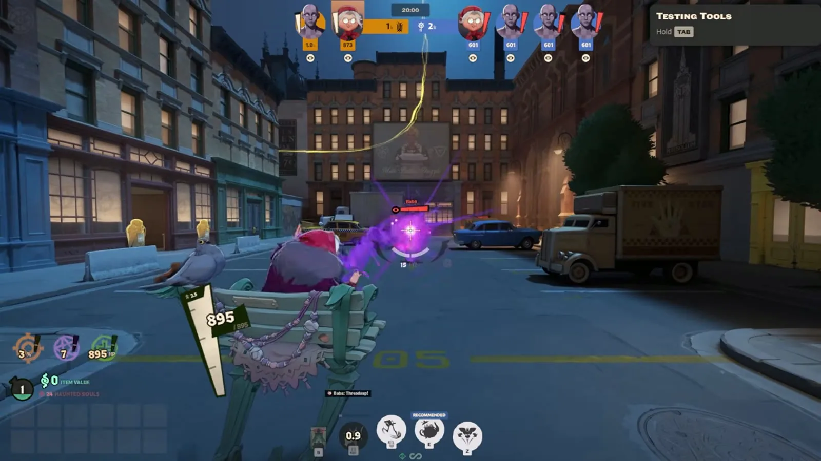 Baba casting Threadsap down a city street in Deadlock's testing sandbox, the purple thread heading toward a target dummy